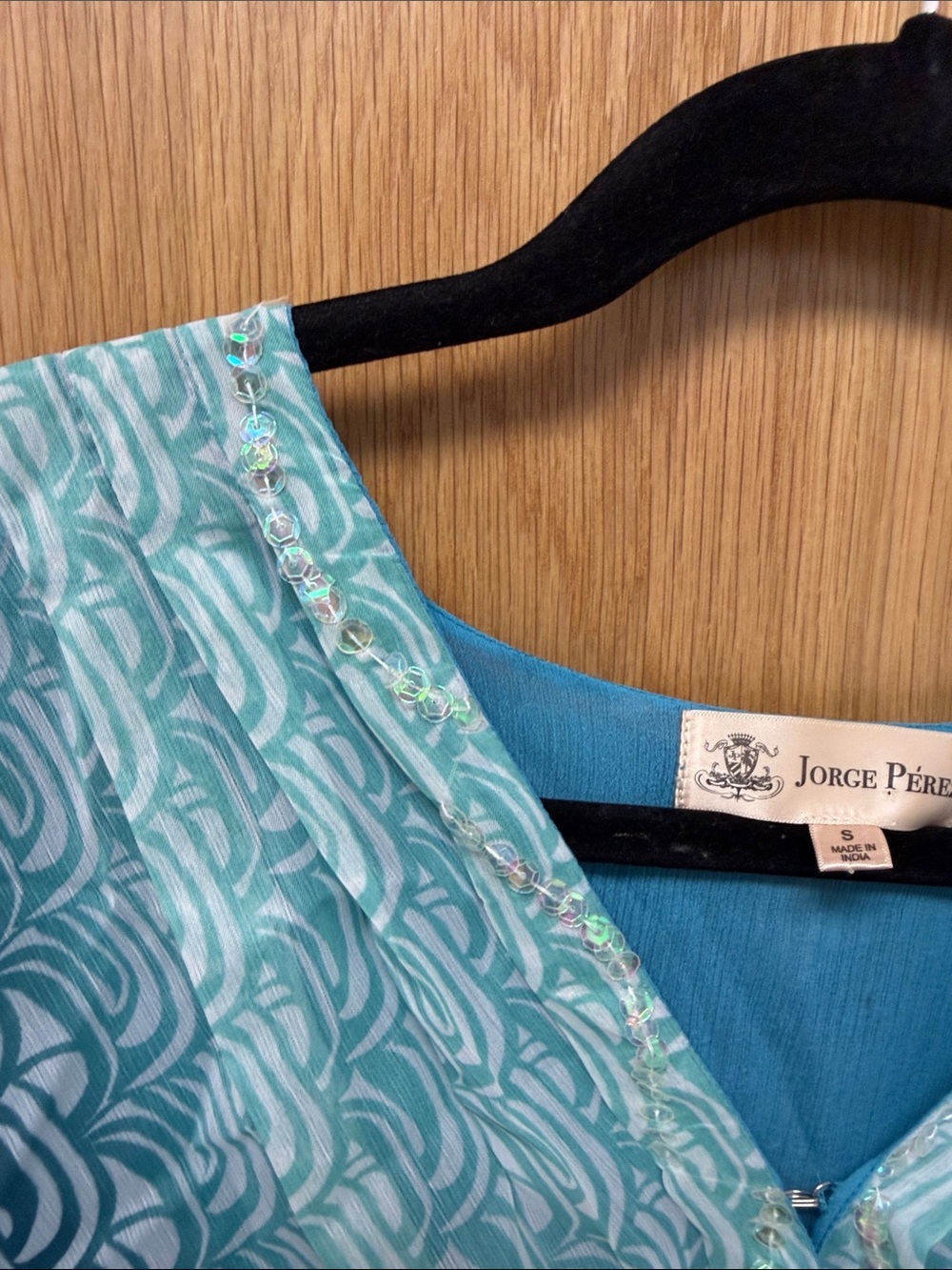Blue Teal Mixed Patterned V-Neck Resortwear Maxi Dress with Sequin Details - Picture 9 of 12